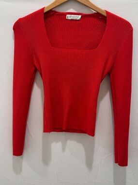 Jon & Anna Red Ribbed Square-Neck Long Sleeve Top